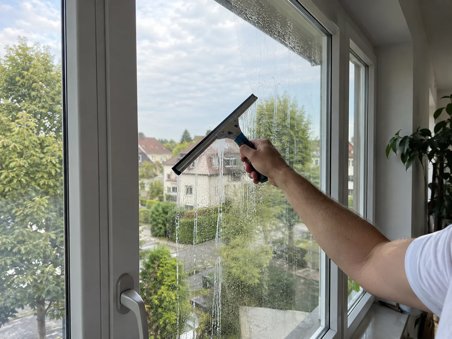 Fensterreinigung mit Fensterwischer an einer Glasfläche