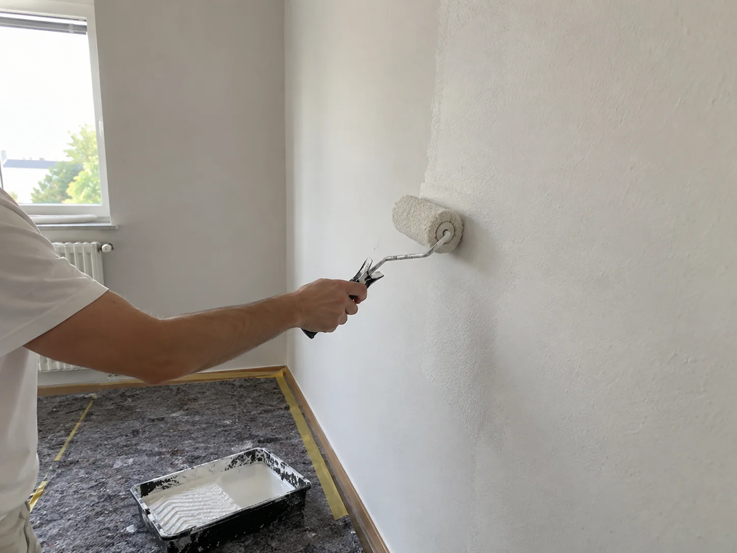Malerarbeiten mit Farbroller an einer Innenwand