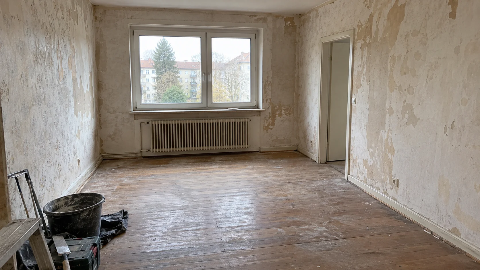 Raum vor der Sanierung mit vorbereiteten Bestandswänden