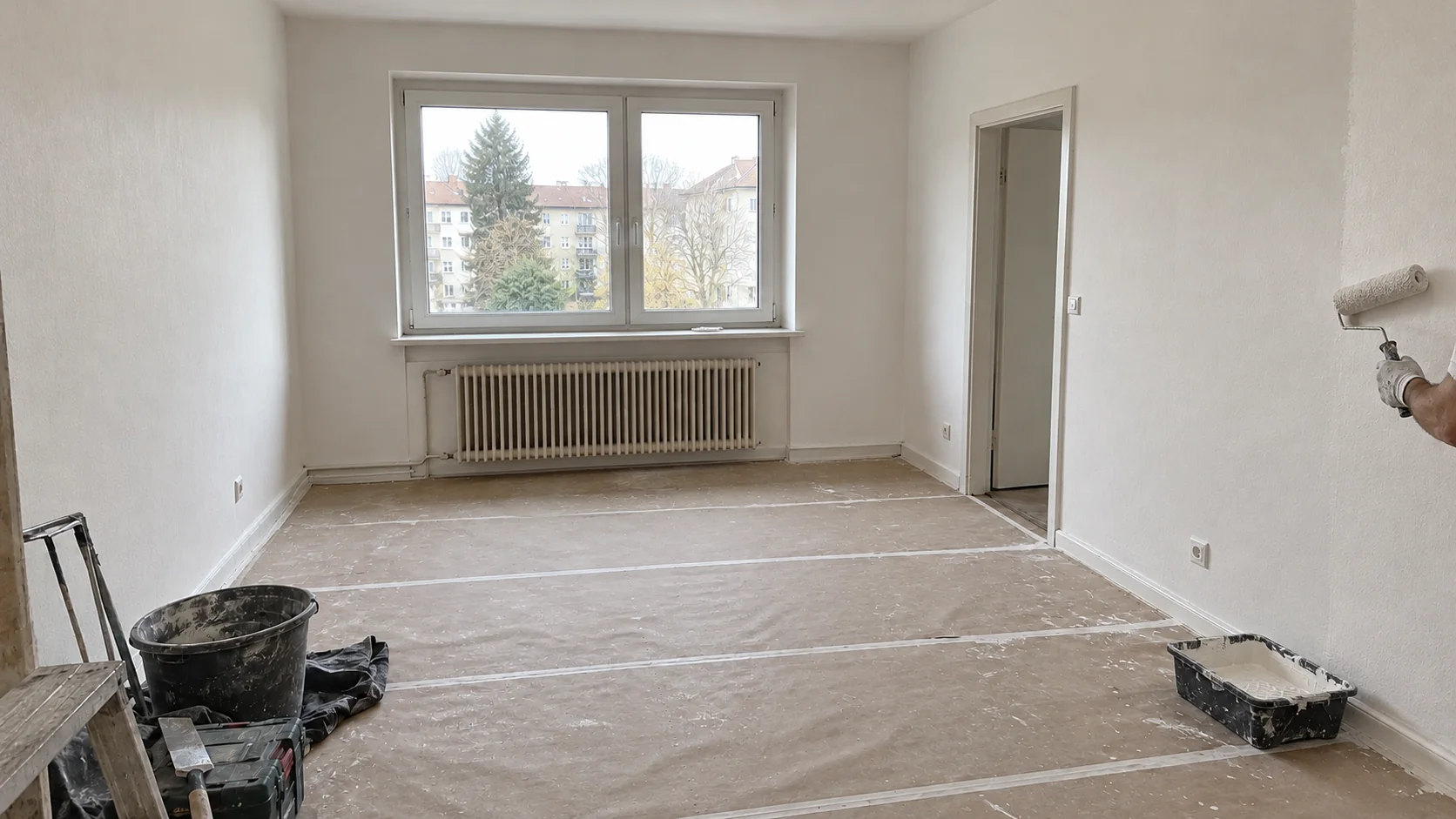 Raum während der Malerarbeiten an weißen Innenflächen
