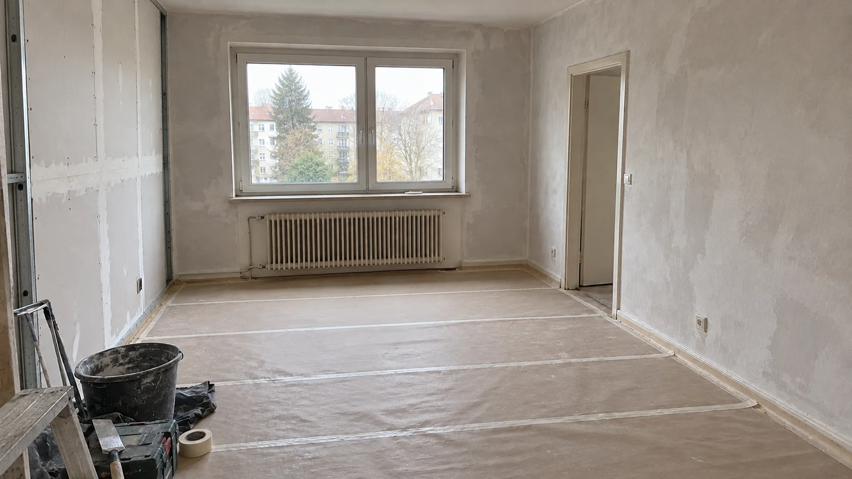 Raum während der Trockenbau- und Untergrundarbeiten